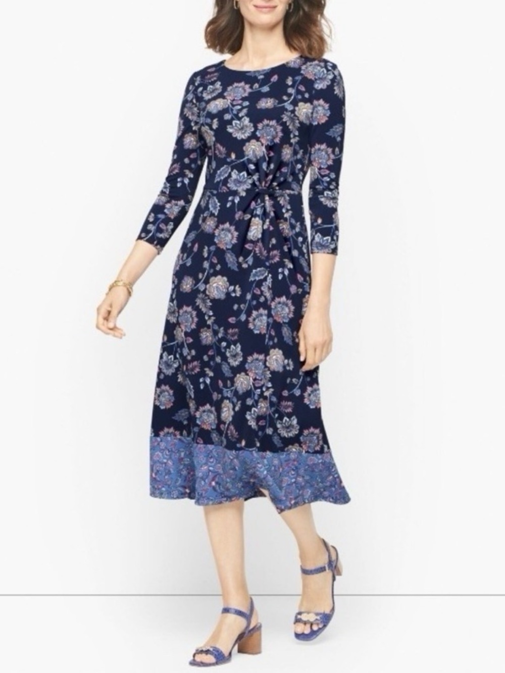 Talbots Navy Paisley Floral Midi Dress 3/4 Sleeve Liquid Knit As Seen On Sz 12